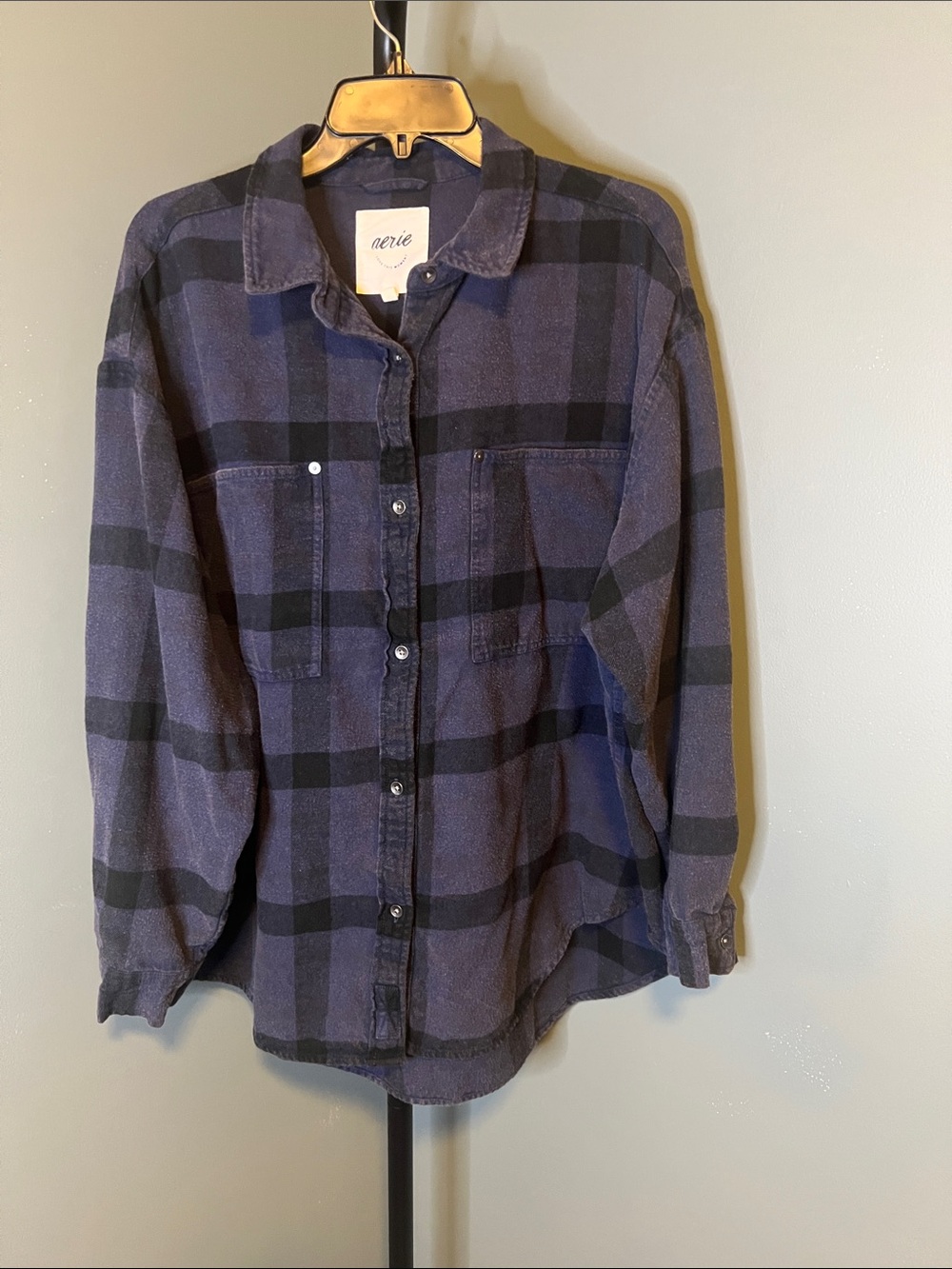aerie Blue and Black Plaid Button-Down Shirt